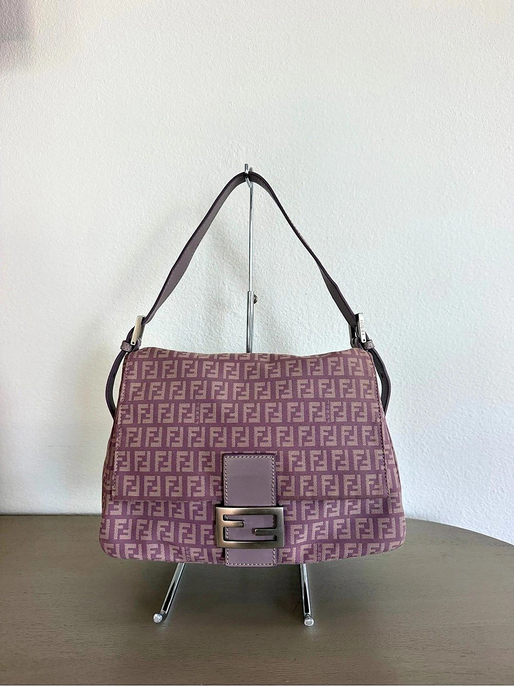 Fendi Mama Zucca Canvas Shoulder Baguette in Purple & Pink